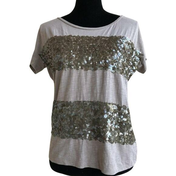 LOFT Womens Top‎ Size Small Light Gray Sequined Striped Short Sleeve NEW - Picture 2 of 7